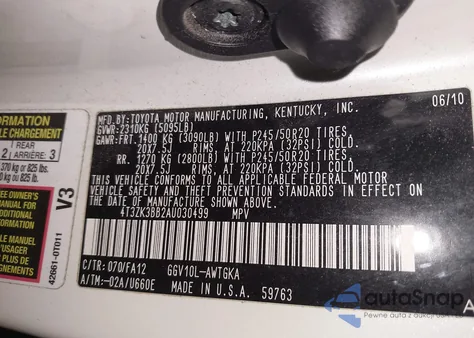 2010 Toyota Venza Base V6 z USA, uszkodzony, nr VIN 4T3ZK3BB2AU030499